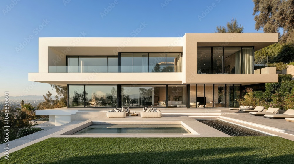 Contemporary mansion with sleek, minimalist architecture. Contemporary mansion with sleek, minimalist architecture.