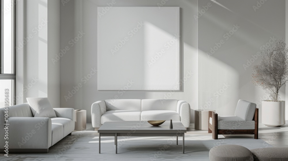 A chic and minimalist living room design featuring a white canvas backdrop, Carefully selected minimal furniture, Minimalist Mediterranean style A chic and minimalist living room design featuring a white canvas backdrop, Carefully selected minimal furniture, Minimalist Mediterranean style