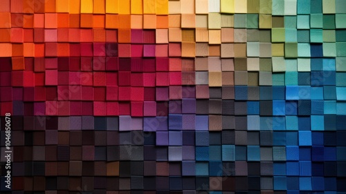 A full set of colorful fabric swatches arranged neatly on a flat surface,