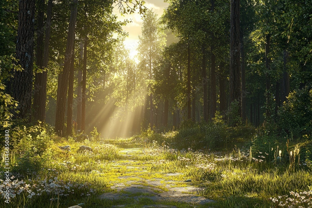 Fototapeta premium A beautiful forest with tall trees and sunlight shining through the leaves. There is an old stone path in front of it and grassy meadows on both sides. 