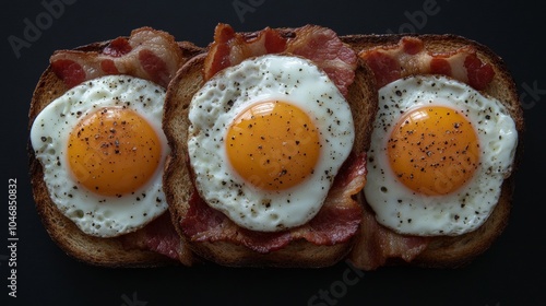 Three toasted bread slices with sunny side up fried eggs, crispy bacon on black background, top view photo