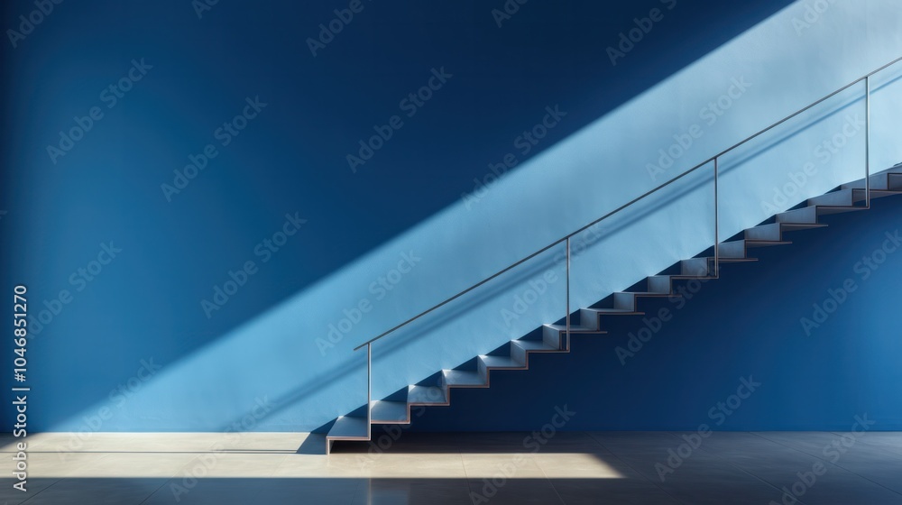 Obraz premium A modern staircase with sleek metal railings ascending towards a large