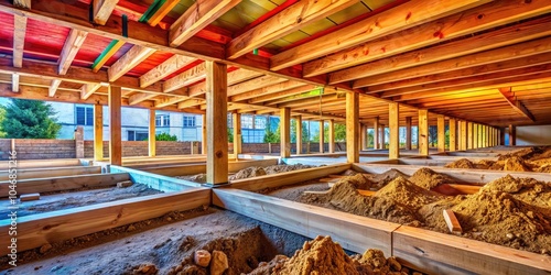 Crawlspace Under Construction: Macro View of Wooden Beams, Exposed Piping, and Soil Ground in Progress of Foundational Work for Home Renovation and Structural Integrity photo