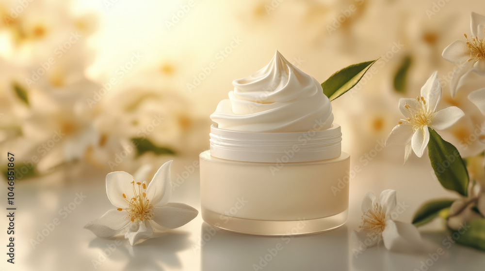 A creamy skincare product in a clear jar sits among delicate white flowers, suggesting natural beauty and freshness. A creamy skincare product in a clear jar sits among delicate white flowers, suggesting natural beauty and freshness.