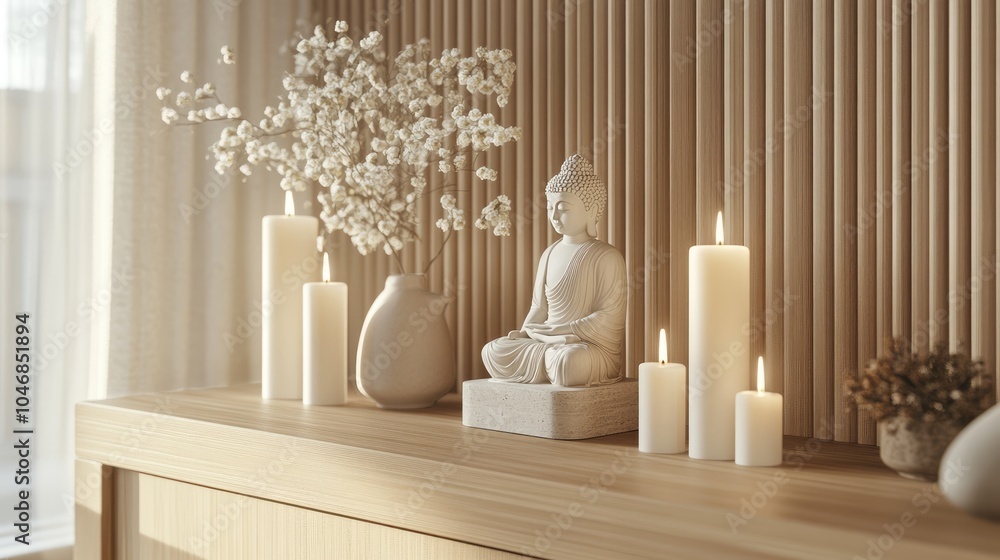 Serene Buddha with Candles and Decor in Soft Light Serene Buddha with Candles and Decor in Soft Light