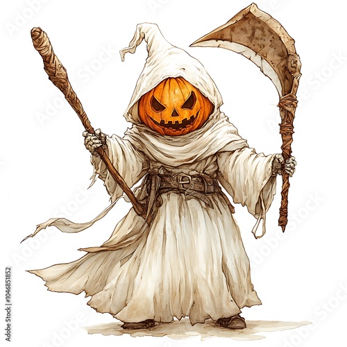 Mysterious pumpkin reaper a whimsical blend of halloween spirits and folklore embodied in a grinning skelton with scythe photo