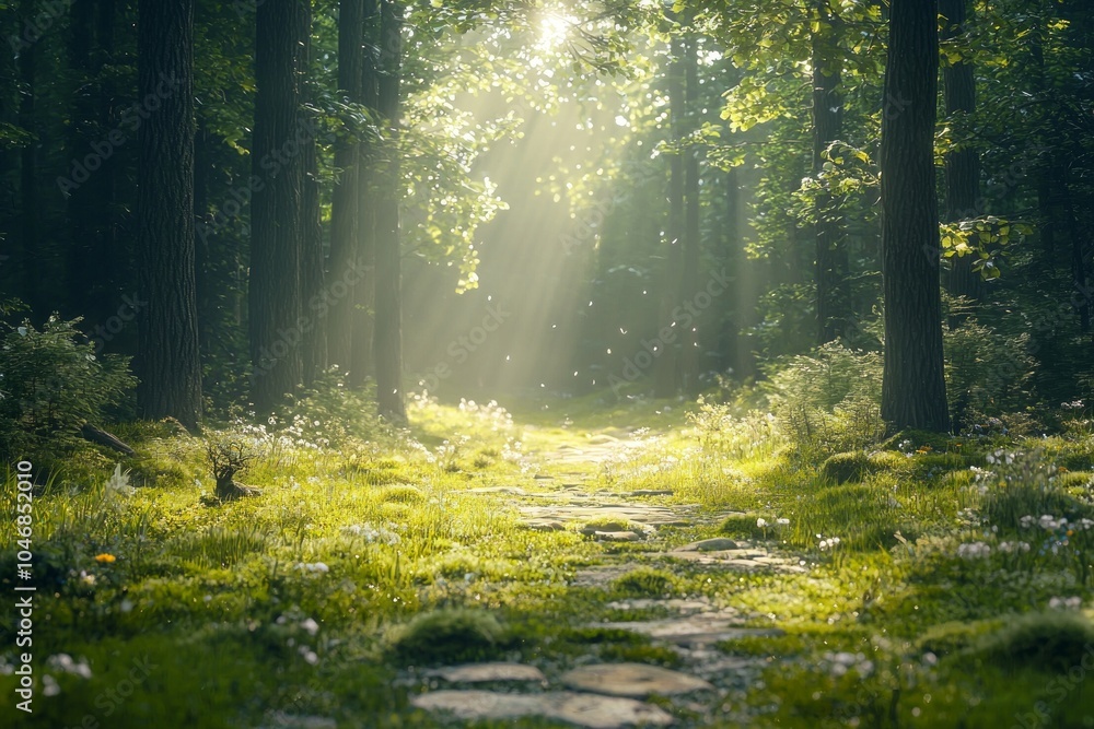 A beautiful forest with tall trees and sunlight shining through the leaves. There is an old stone path in front of it and grassy meadows on both sides. 