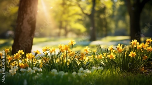A close-up view of bright yellow spring flowers against a soft-focus,