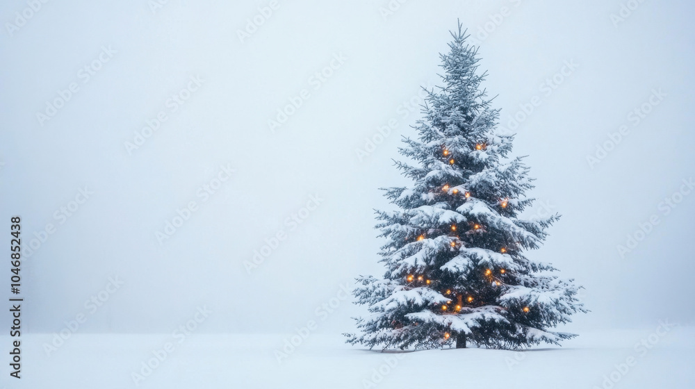 A snow-covered evergreen tree stands alone in a misty winter landscape, illuminated by warm lights, evoking a serene holiday atmosphere. A snow-covered evergreen tree stands alone in a misty winter landscape, illuminated by warm lights, evoking a serene holiday atmosphere.