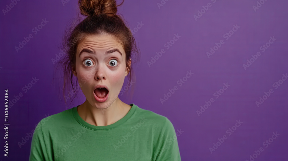 A surprised woman with wide eyes and an open mouth, wearing a green shirt against a purple background, conveys strong emotions. A surprised woman with wide eyes and an open mouth, wearing a green shirt against a purple background, conveys strong emotions.