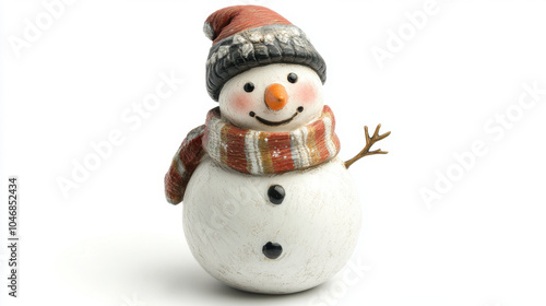 A cheerful snowman wearing a hat and scarf stands on a white background, exuding festive charm and winter joy.