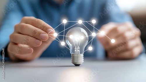 Person holding a light bulb with digital connections. photo