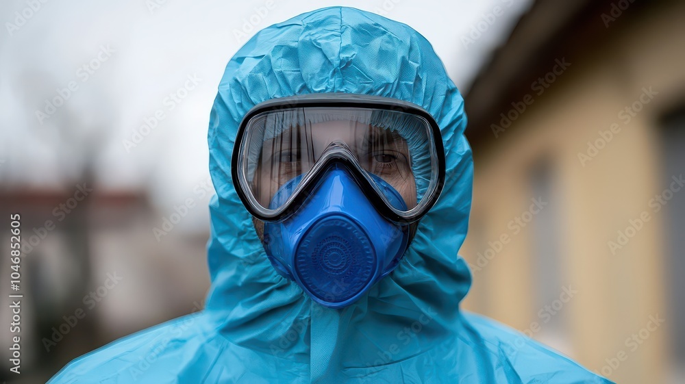 Person in protective suit and mask, focused on safety measures. Person in protective suit and mask, focused on safety measures.