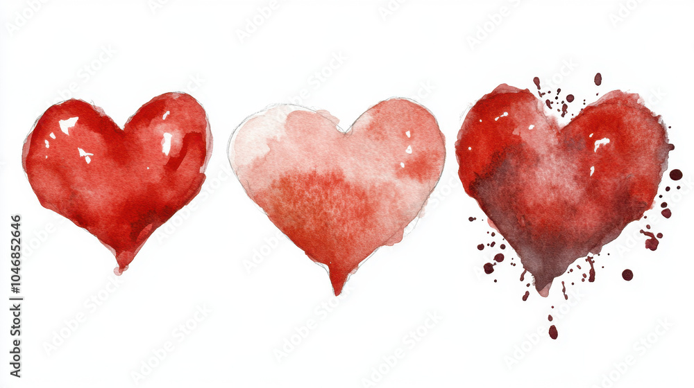 Three watercolor hearts in varying shades of red, each displaying unique textures and designs, symbolizing love and emotion. Three watercolor hearts in varying shades of red, each displaying unique textures and designs, symbolizing love and emotion.