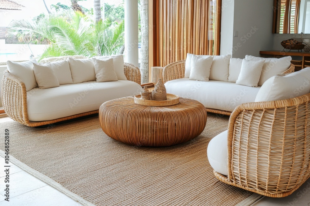 Modern living room with wicker furniture and a round woven coffee table. Modern living room with wicker furniture and a round woven coffee table.