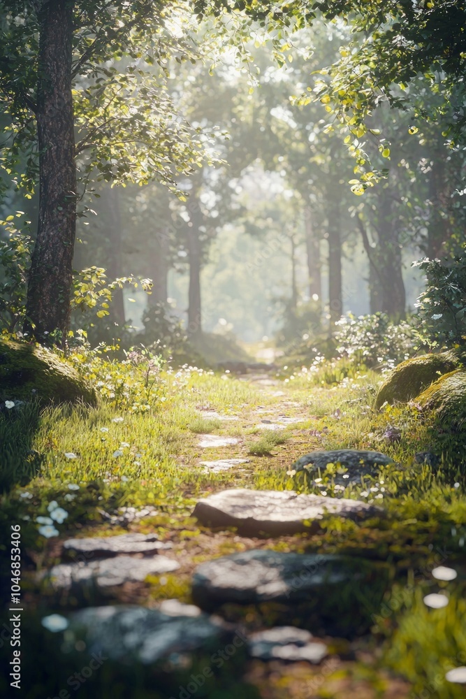 A beautiful forest with tall trees and sunlight shining through the leaves. There is an old stone path in front of it and grassy meadows on both sides. A beautiful forest with tall trees and sunlight shining through the leaves. There is an old stone path in front of it and grassy meadows on both sides.