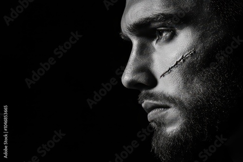 Profile of a man with a scar on a dark background.