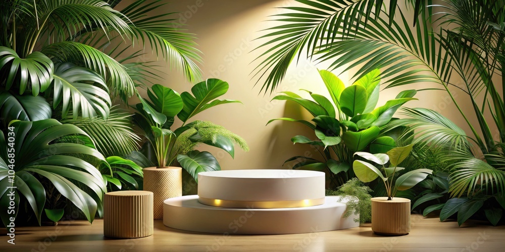 Elegant Product Display Podium for Natural Products Surrounded by Lush Tropical Leaves, Ideal for Eco-Friendly Branding and Marketing, Showcasing Organic Goods in a Serene Setting Elegant Product Display Podium for Natural Products Surrounded by Lush Tropical Leaves, Ideal for Eco-Friendly Branding and Marketing, Showcasing Organic Goods in a Serene Setting