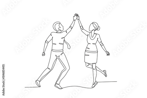 Single one line drawing young happy business man and business woman celebrating their success achieve business target. Colleagues who give high fives because they have successfully carried out their 
