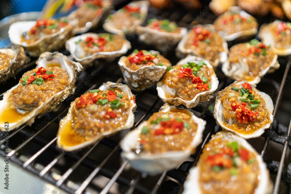 Savory Grilled Oysters Topped with Spicy Sauce and Fresh Herbs Savory Grilled Oysters Topped with Spicy Sauce and Fresh Herbs