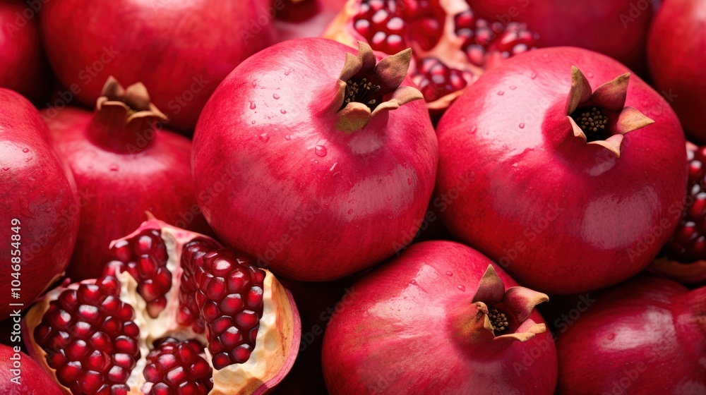 Close-up of a multitude of ripe pomegranates with slightly varying shades of red and a smooth Close-up of a multitude of ripe pomegranates with slightly varying shades of red and a smooth