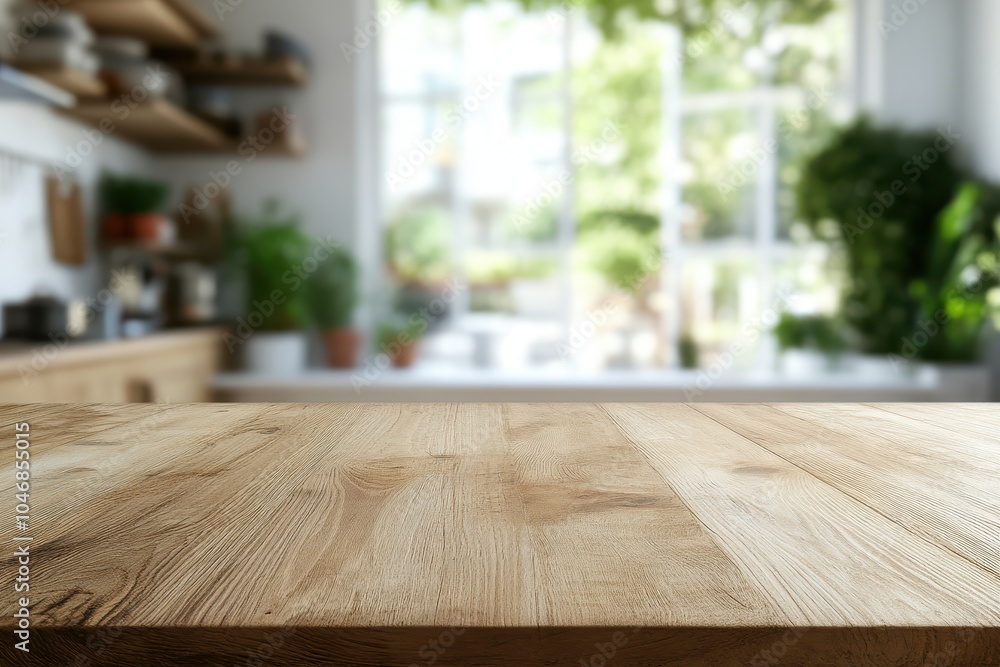 Empty wooden table with blurred kitchen background and window. Empty wooden table with blurred kitchen background and window.