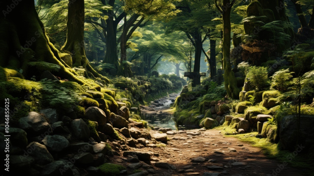 Obraz premium Tranquil Path Through a Lush Forest