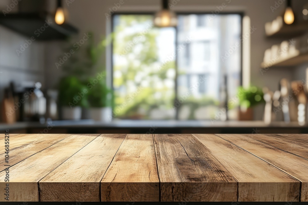 Wooden table top in a kitchen with a view of a garden. Wooden table top in a kitchen with a view of a garden.