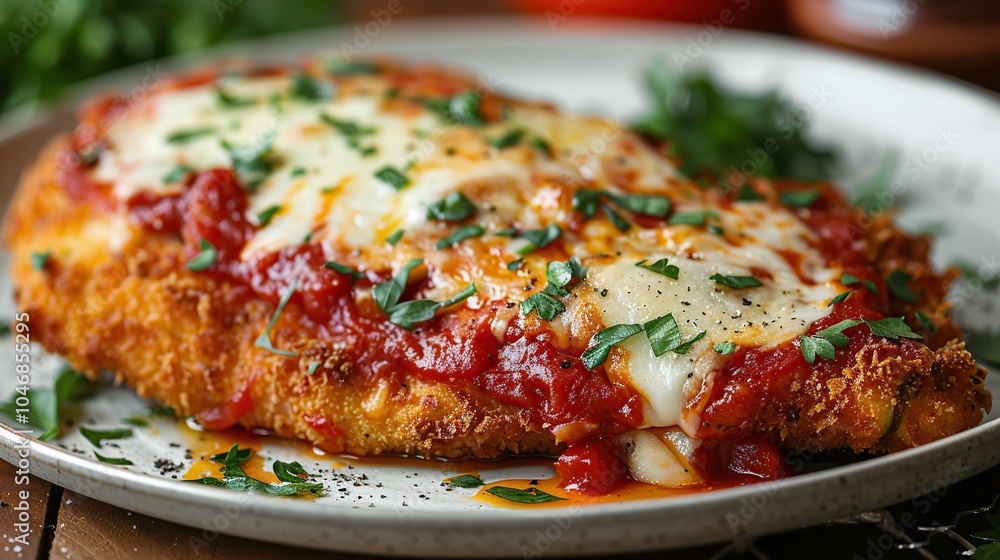 Close up of a breaded chicken cutlet topped with marinara sauce and melted mozzarella cheese, garnished with fresh parsley. Close up of a breaded chicken cutlet topped with marinara sauce and melted mozzarella cheese, garnished with fresh parsley.