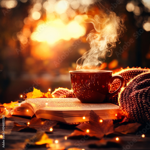 A cozy autumn moodboard filled with warm and inviting images: a soft plaid blanket draped over a chair, a steaming cup of coffee  photo