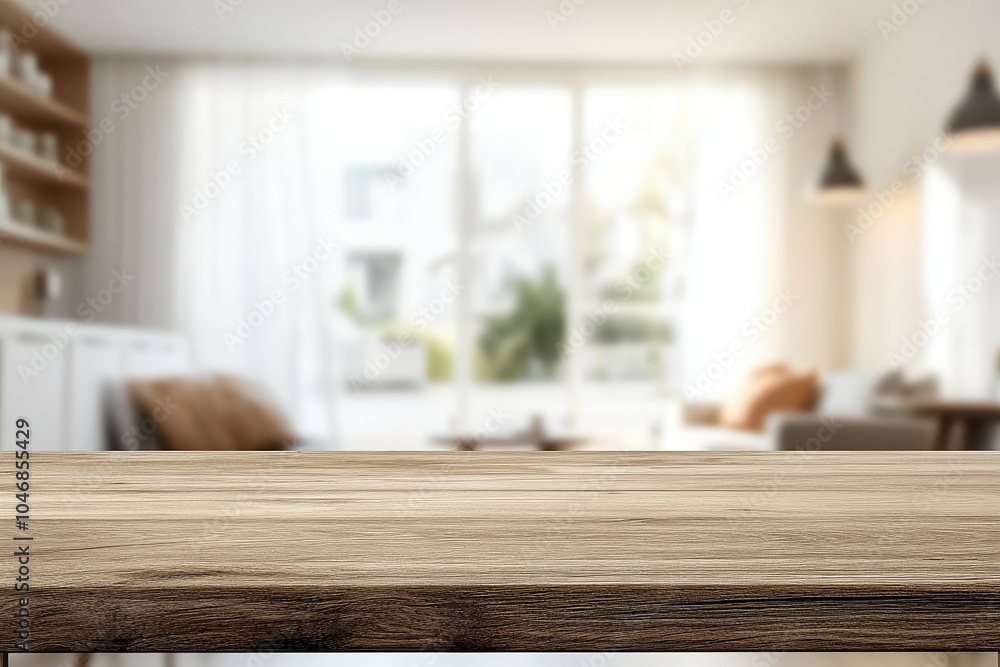 A close-up shot of a wooden tabletop against a blurred background of a modern living room interior. A close-up shot of a wooden tabletop against a blurred background of a modern living room interior.