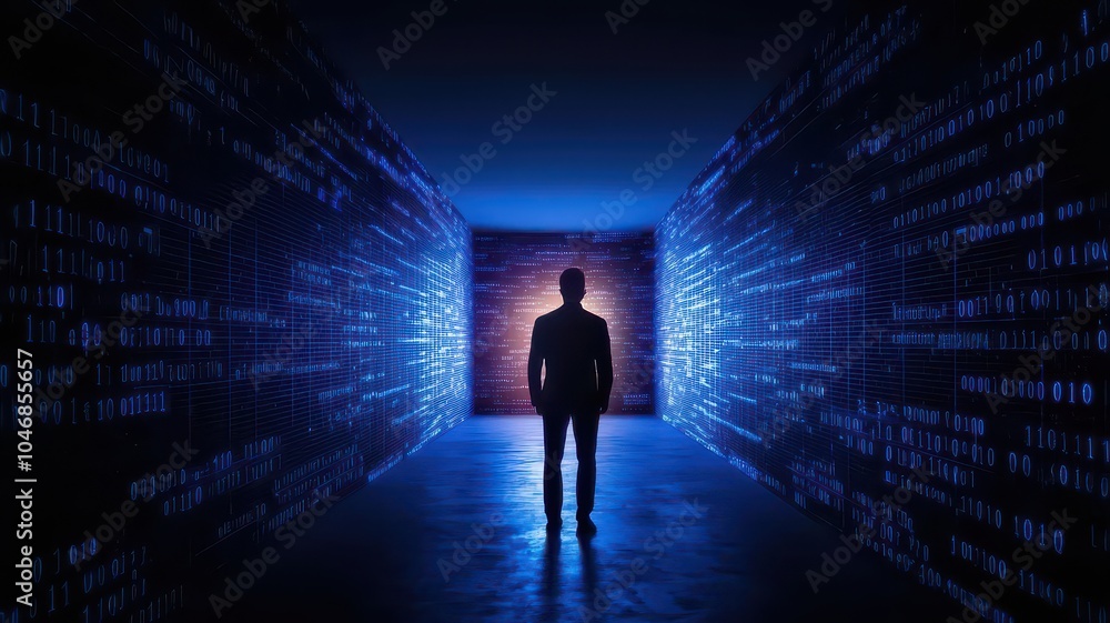 Silhouette of a person in a digital environment, blue light Silhouette of a person in a digital environment, blue light