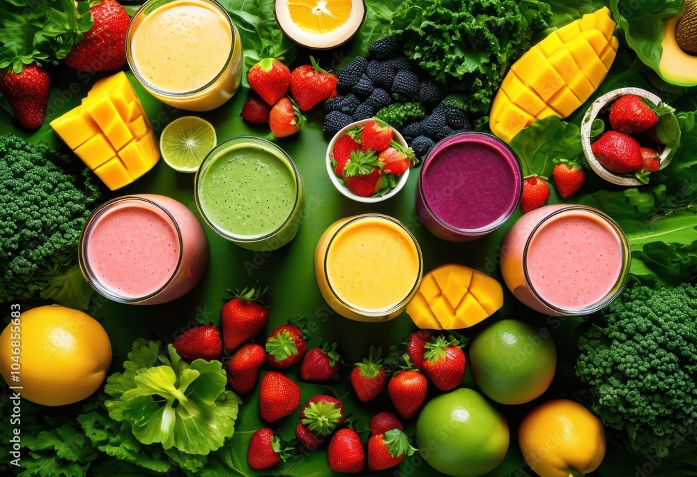 vibrant smoothie ingredients displayed beautifully fresh greenery backdrop enhancing visual appeal freshness, fruit, vegetable, kale, spinach, banana vibrant smoothie ingredients displayed beautifully fresh greenery backdrop enhancing visual appeal freshness, fruit, vegetable, kale, spinach, banana