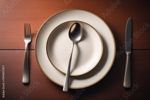 A simple white plate, fork, knife and spoon set against a wooden table background, highlighting the essence of dining and mealtime setup