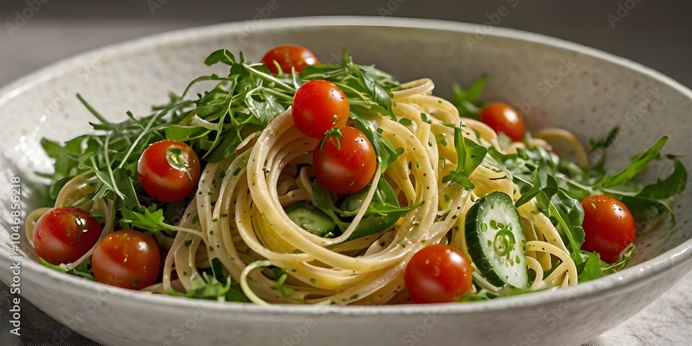 linguine pasta salad, mixed with cherry tomatoes, cucumbers, and arugula, natural lighting highlighting fresh textures, shallow depth of field, presented in a clean white bowl.
linguine pasta salad, mixed with cherry tomatoes, cucumbers, and arugula, natural lighting highlighting fresh textures, shallow depth of field, presented in a clean white bowl.