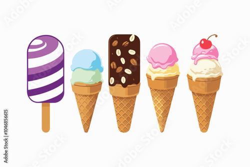 Vector illustration of various ice cream icons on a white background, easily editable  