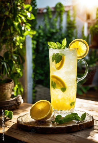 refreshing iced beverage served sunlit patio surrounded vibrant greenery bright outdoor decor, drink, summer, sunshine, condensation, clear, tropical