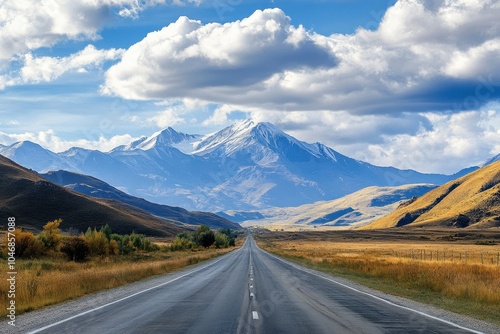 A long, straight road leading towards a snow-capped mountain range under a bright blue sky with fluffy white clouds.