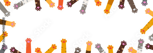 cute cat paws frame for banners, covers, template with natural cat colors with different movement in paws around with transparent background