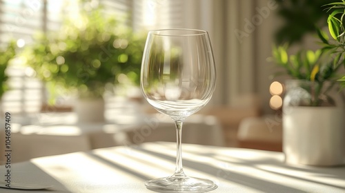 Bright dining room with an empty wine glass