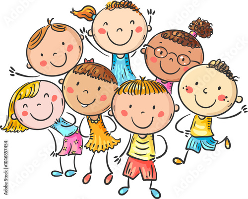 Cute cartoon happy kids standing together, group of multinational children, funny little boys and girls, isolated vector illustration