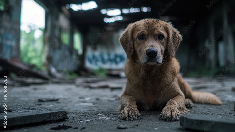 golden retriever rests on ground in abandoned building, surrounded by debris and graffiti. atmosphere is somber yet captivating, highlighting dogs calm demeanor amidst ruins golden retriever rests on ground in abandoned building, surrounded by debris and graffiti. atmosphere is somber yet captivating, highlighting dogs calm demeanor amidst ruins