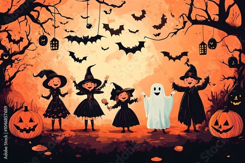 Playful Vector Illustration of Children in Halloween Costumes photo