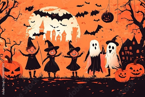 Playful Vector Illustration of Children in Halloween Costumes photo