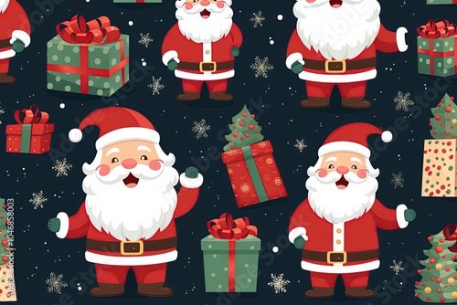 Christmas background with many Santa Clauses. Happy New Year pattern. Generative Ai