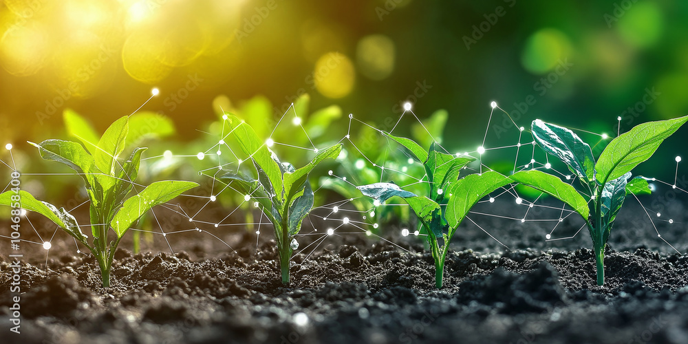 Green plants in a field connected with digital AI data lines, symbolizing the integration of AI in precision agriculture. Green plants in a field connected with digital AI data lines, symbolizing the integration of AI in precision agriculture.