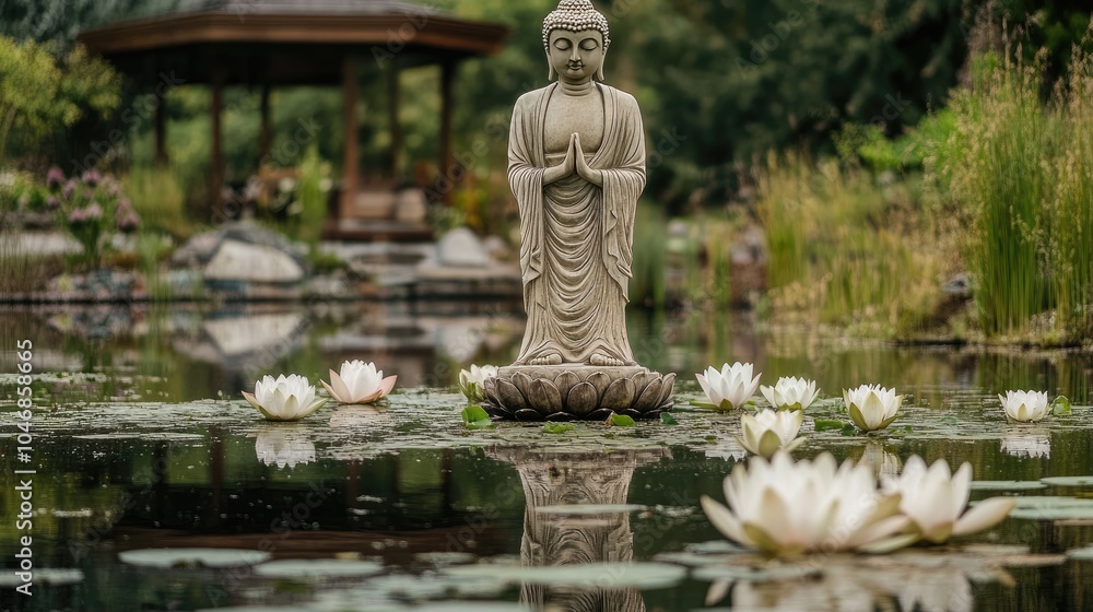 Fototapeta premium Serene Buddha Statue in Tranquil Garden Setting
