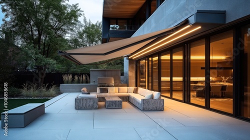 Modern outdoor patio with grey sectional seating, soft pillows, retractable awning, minimalistic garden, ambient lighting, glass walls, and indoor dining view. photo