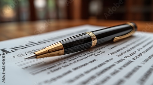 Wallpaper Mural Close-up of an elegant black and gold fountain pen resting on a legal document, perfect for business, law, or contract-related content. Ideal for office-related themes with a classic color palette of  Torontodigital.ca