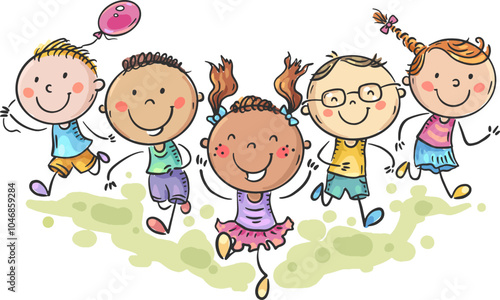 Cartoon happy kids running together, children outdoors activity. Group of multiethnic little boys and girls, vector illustration